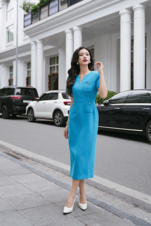 Sixdo Blue Woven Pencil Dress